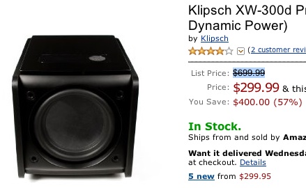 Klipsch XW-300d 8-inch Subwoofer Deal at Amazon.com for $299.99