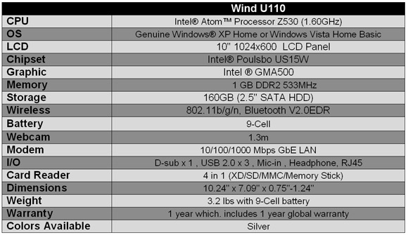 MSI U110 ECO Netbook Specifications