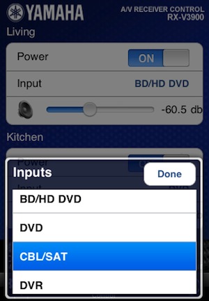 Yamaha Network AV Receiver Input Control App for iPhone