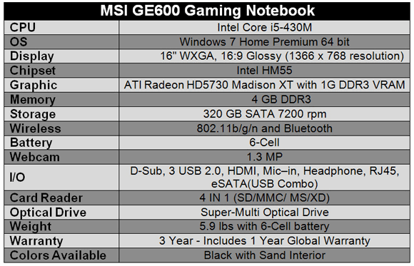 MSI GE600 Gaming Notebook Specifications