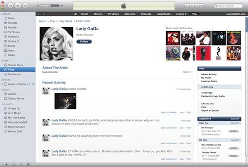 Apple iTunes 10 with Ping Artist Profile