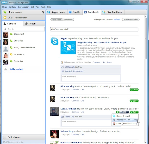 Skype 5.0 for Windows Facebook News Feed Integration