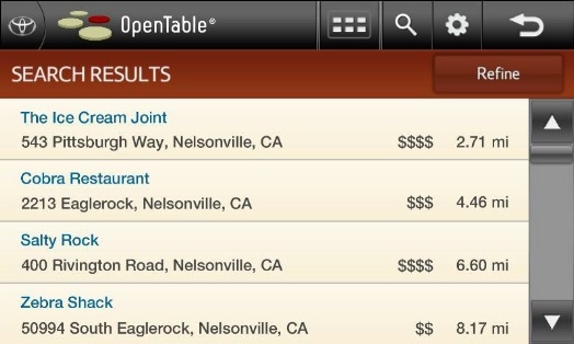 Toyota Entune with OpenTable