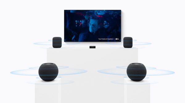Four HomePod Mini 2 Speakers With Apple TV 4K for Home Theater Setup