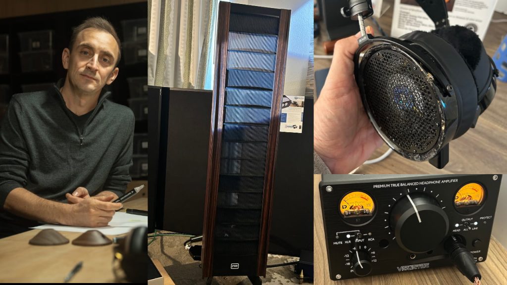 Collage featuring Antonio Meze, Popori Acoustics WR3 Loudspeaker, JM Audio XTC2 Headphones and Violectric HPA V324 Amplifier