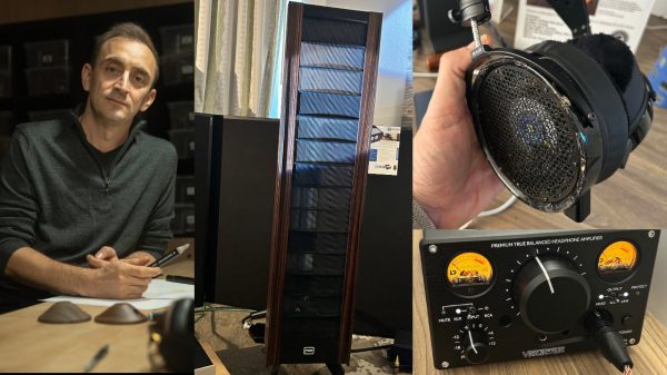 Collage featuring Antonio Meze, Popori Acoustics WR3 Loudspeaker, JM Audio XTC2 Headphones and Violectric HPA V324 Amplifier