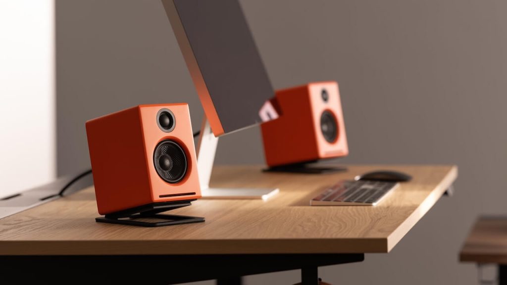 Audioengine A2+ Next Gen Anniversary Edition in Matte Orange Wireless Desktop Speakers Lifestyle