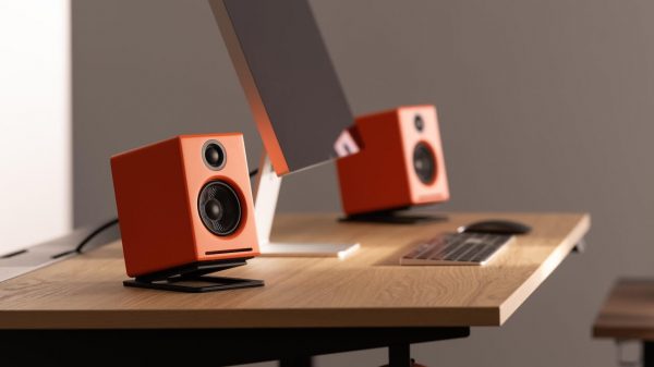 Audioengine A2+ Next Gen Anniversary Edition in Matte Orange Wireless Desktop Speakers Lifestyle