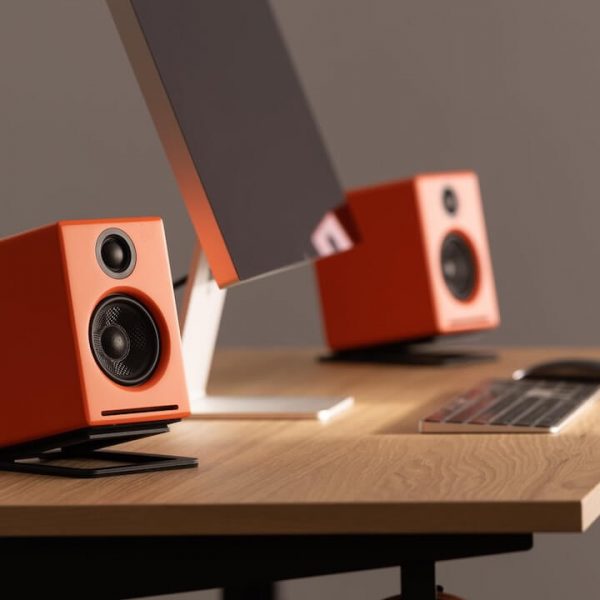Audioengine A2+ Next Gen Anniversary Edition in Matte Orange Wireless Desktop Speakers Lifestyle