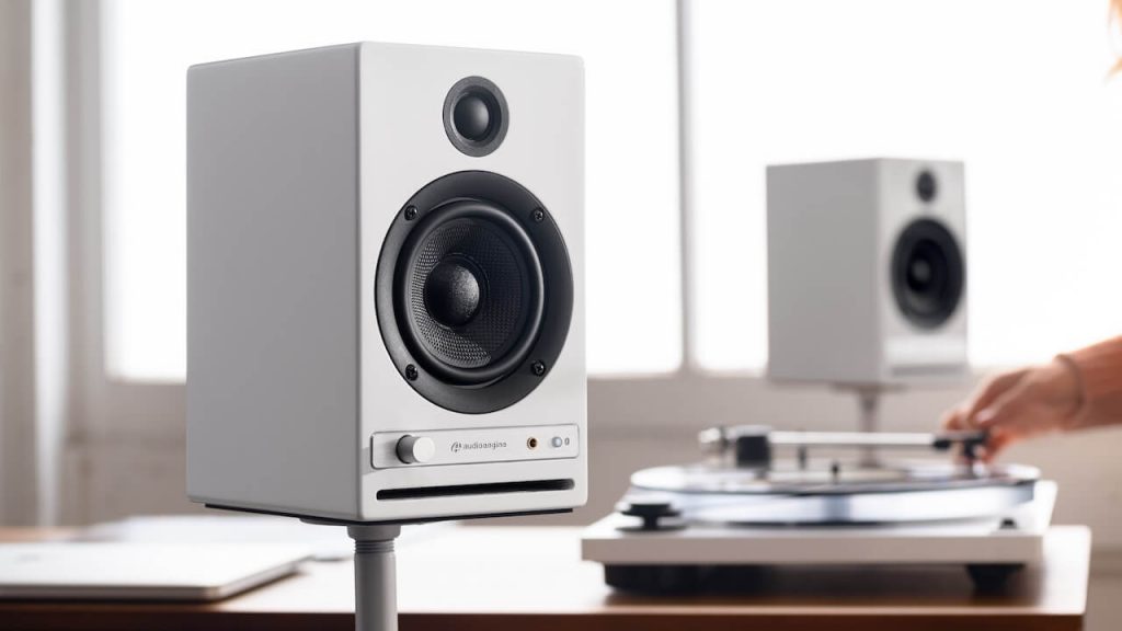 Audioengine HD4 Next Gen Wireless Speakers White on stands lifestyle no grilles