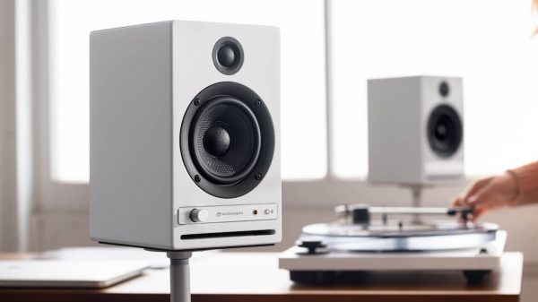 Audioengine HD4 Next Gen Wireless Speakers White on stands lifestyle no grilles