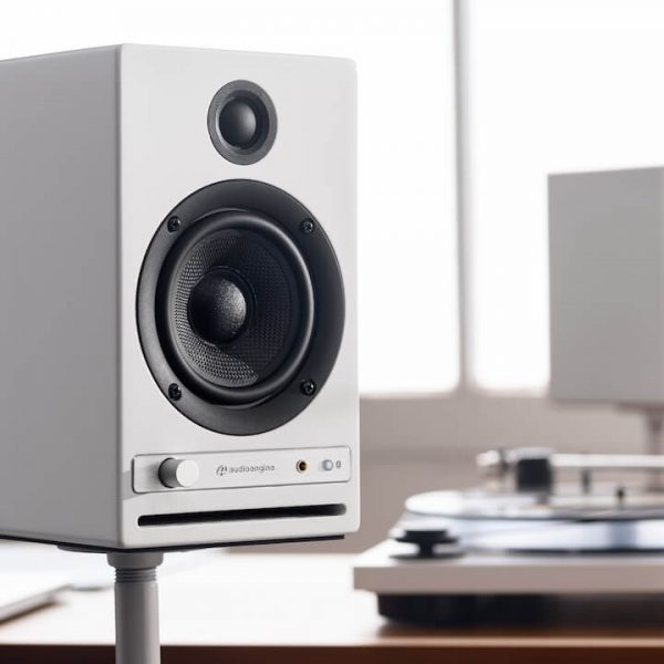 Audioengine HD4 Next Gen Wireless Speakers White on stands lifestyle no grilles