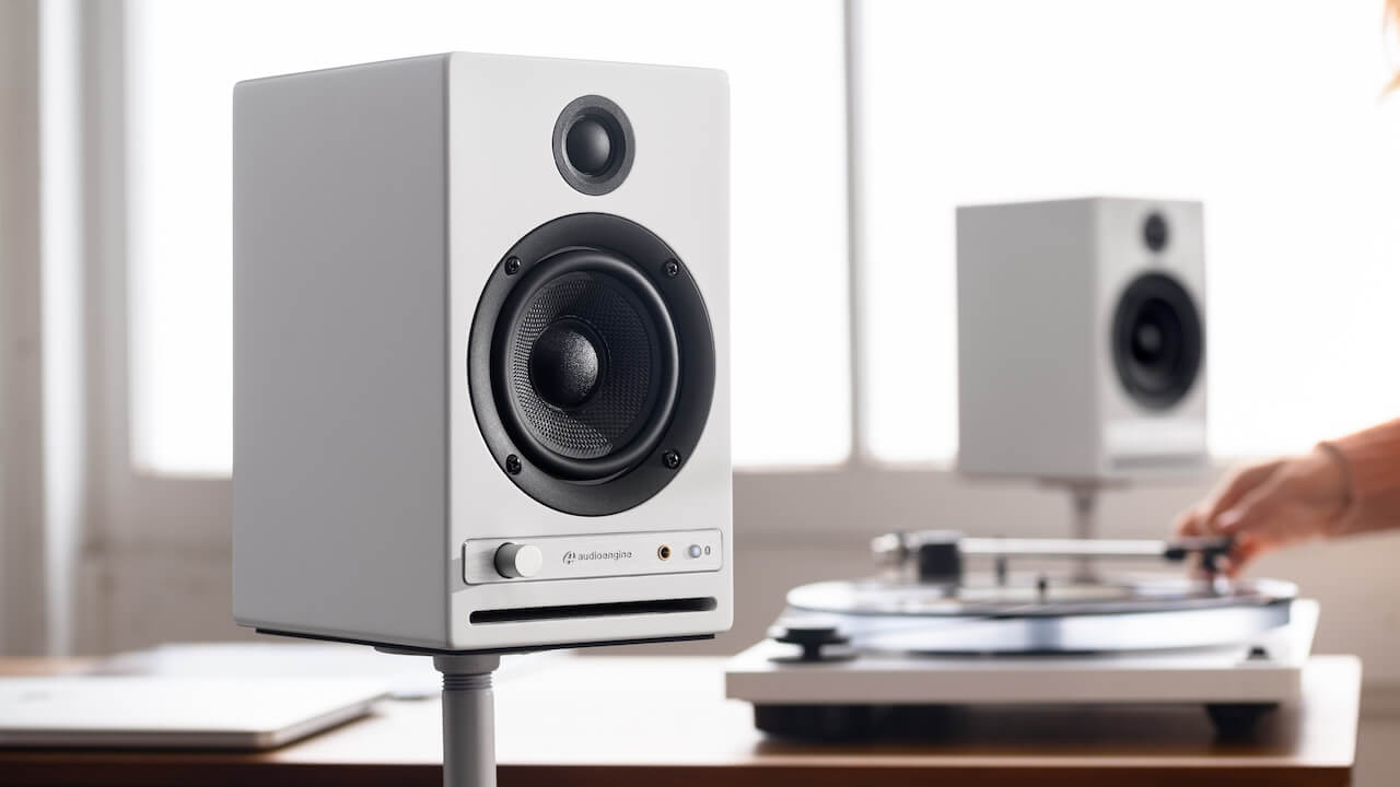 Audioengine HD4 Next Gen Wireless Speakers White on stands lifestyle no grilles