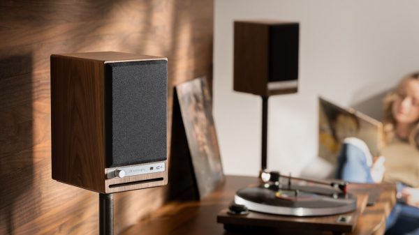 Audioengine HD4 Next Gen Home Music System in Walnut with Black Grilles Lifestyle