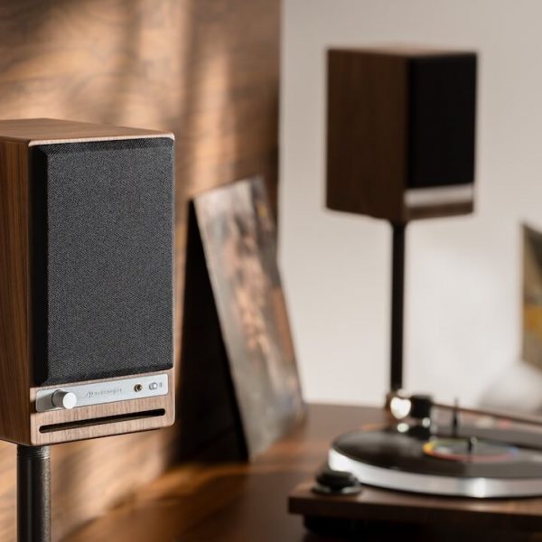 Audioengine HD4 Next Gen Home Music System in Walnut with Black Grilles Lifestyle