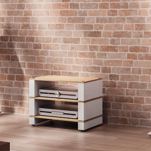 Blok Axis 700 Speaker Stands in white with Stax 2G Modular Equipment Rack