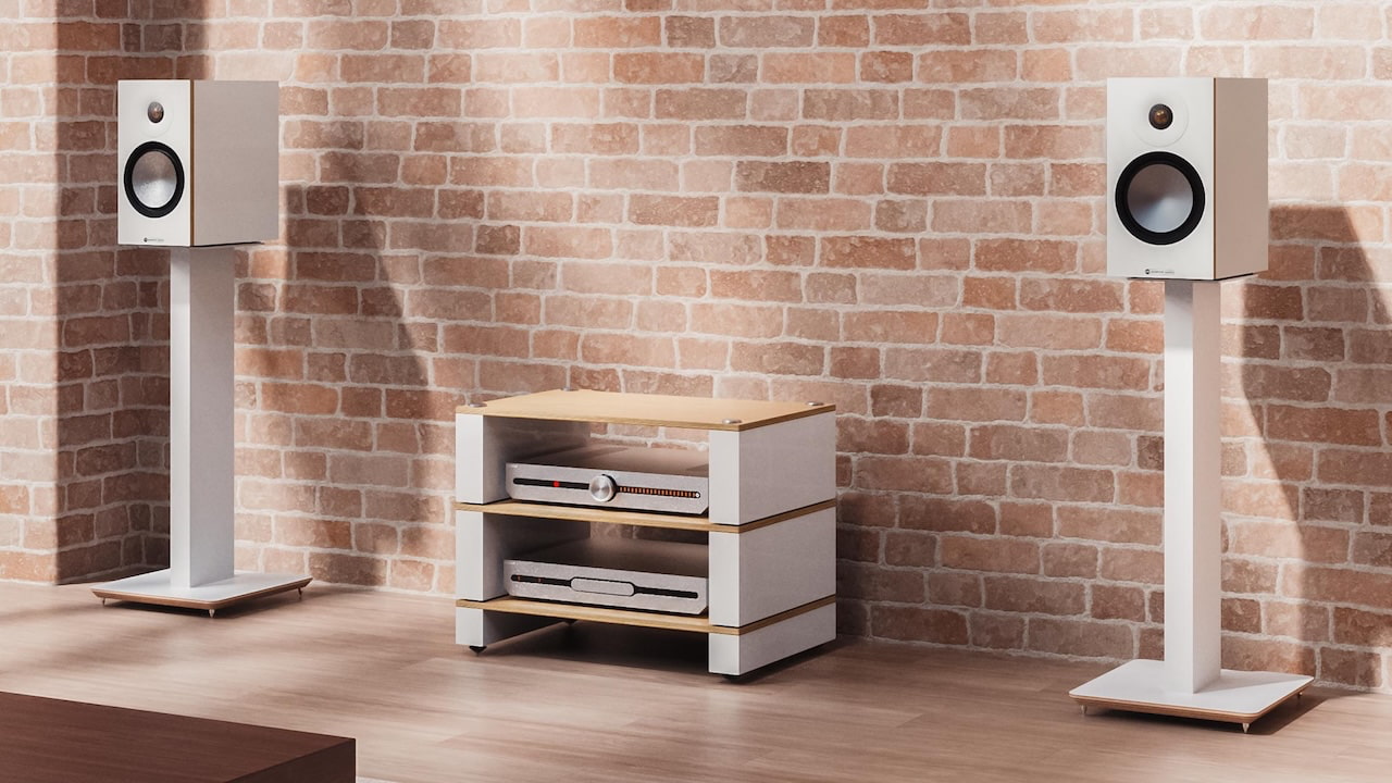 Blok Axis 700 Speaker Stands in white with Stax 2G Modular Equipment Rack