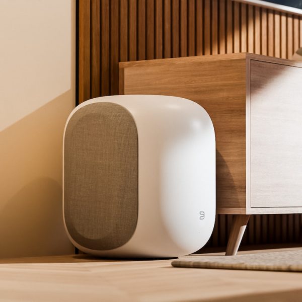 2026 Bluesound PULSE SUB wireless subwoofer in white lifestyle