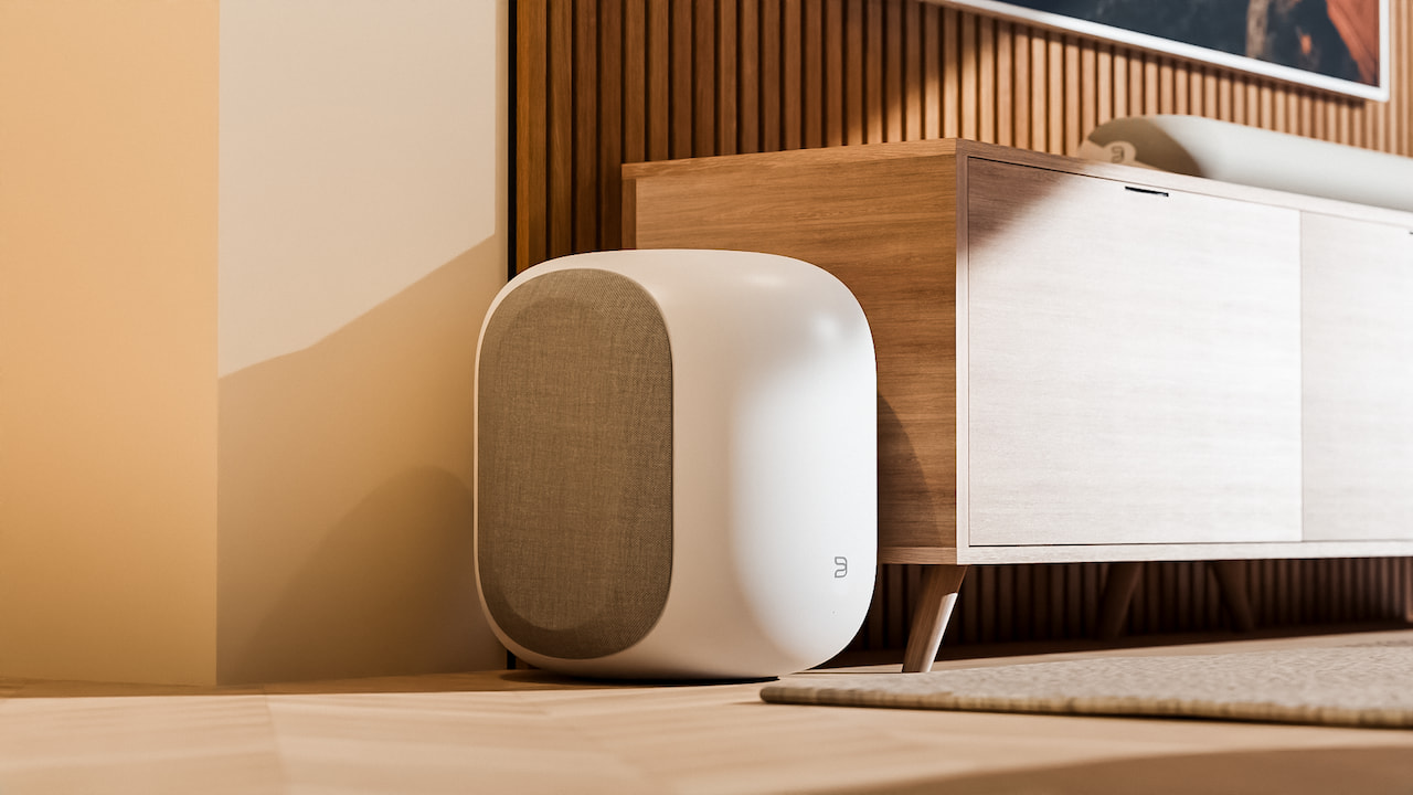 2026 Bluesound PULSE SUB wireless subwoofer in white lifestyle