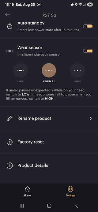 Bowers & Wilkins Px7 S3 App Screenshot wear sensor normal