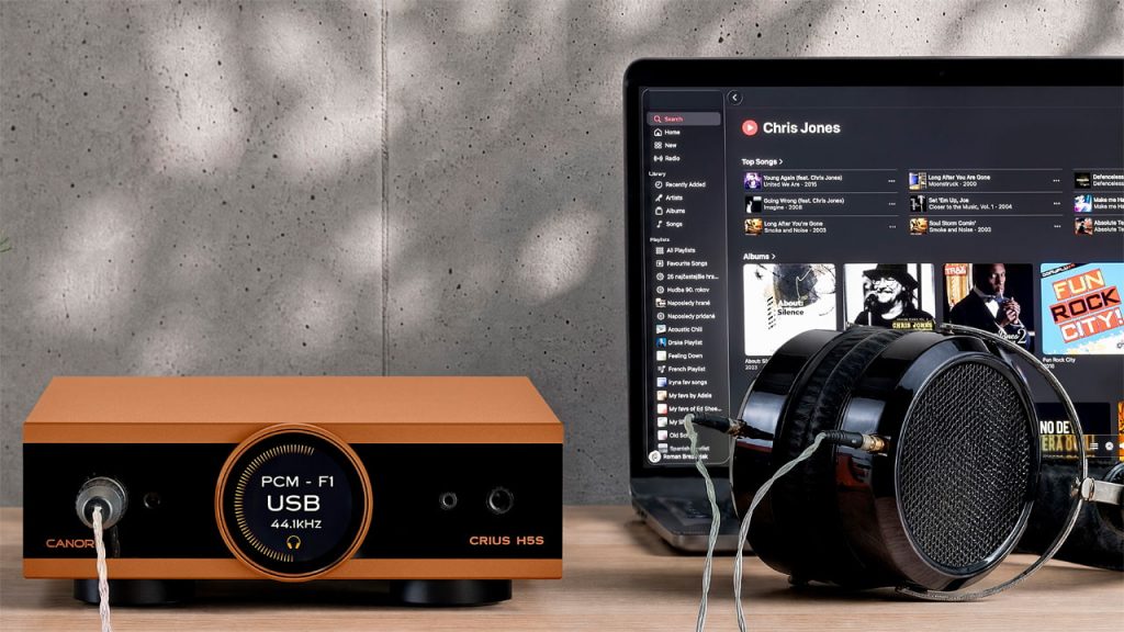 Canor Crius H5S Preamp DAC Headphone Amp with Headphones and Tablet