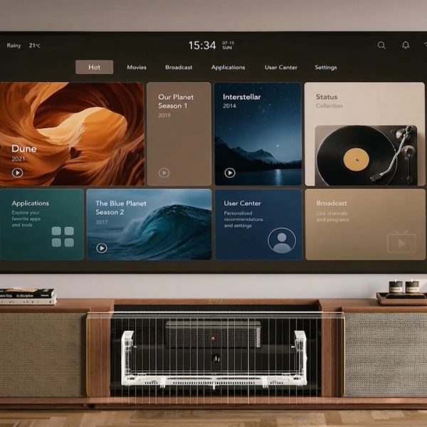 2026 CINEST Core E1 UST Projector Media Console Front View see-thru