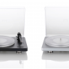 Clearaudio Compass Turntables in Black and Silver with lid up front