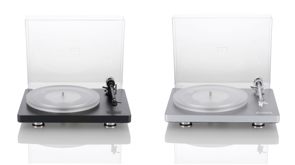 Clearaudio Compass Turntables in Black and Silver with lid up front