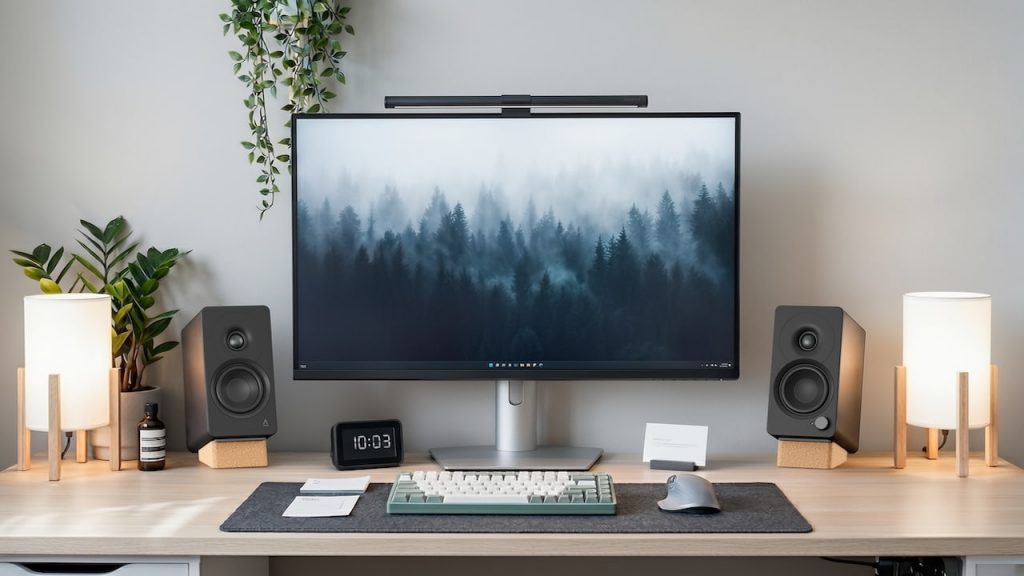 Creative XF1 Desktop Speakers in black on desktop with computer