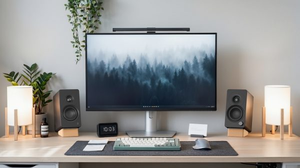 Creative XF1 Desktop Speakers in black on desktop with computer