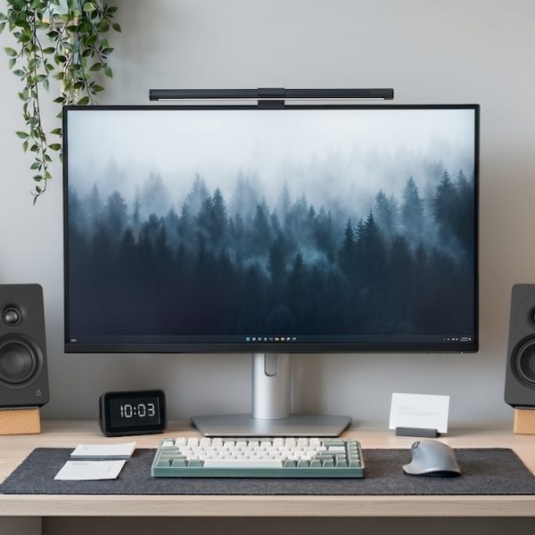 Creative XF1 Desktop Speakers in black on desktop with computer