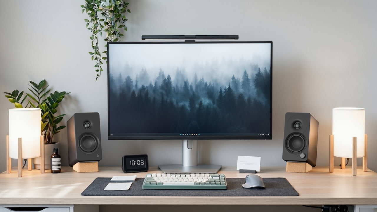 Creative XF1 Desktop Speakers in black on desktop with computer