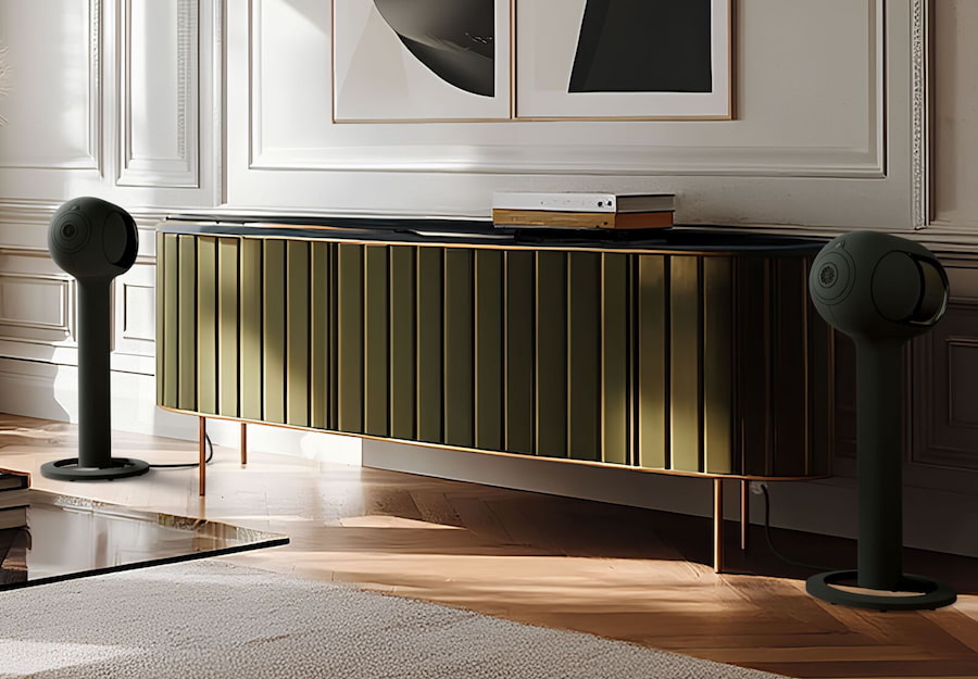 Devialet Phantom Ultimate 108 dB Green Pair on Tree Stands Lifestyle