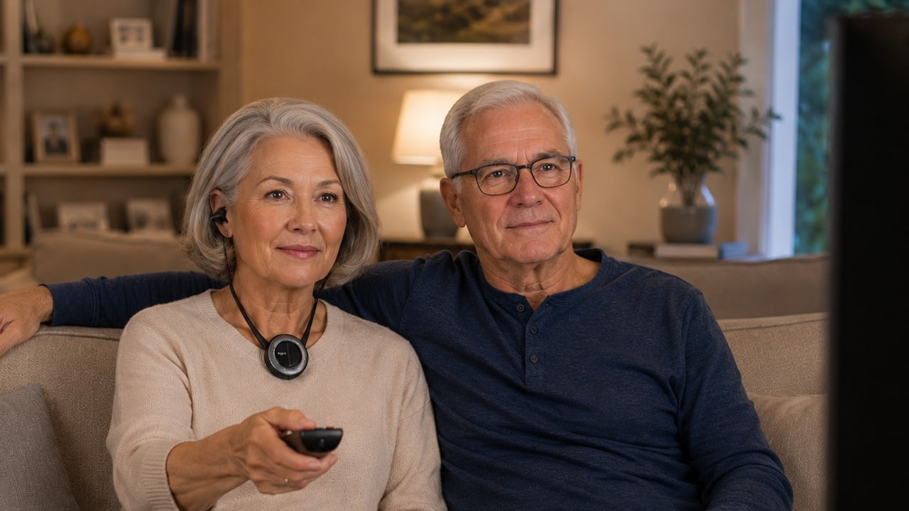 Woman Wearing Earis Premium TV Audio Enhancer