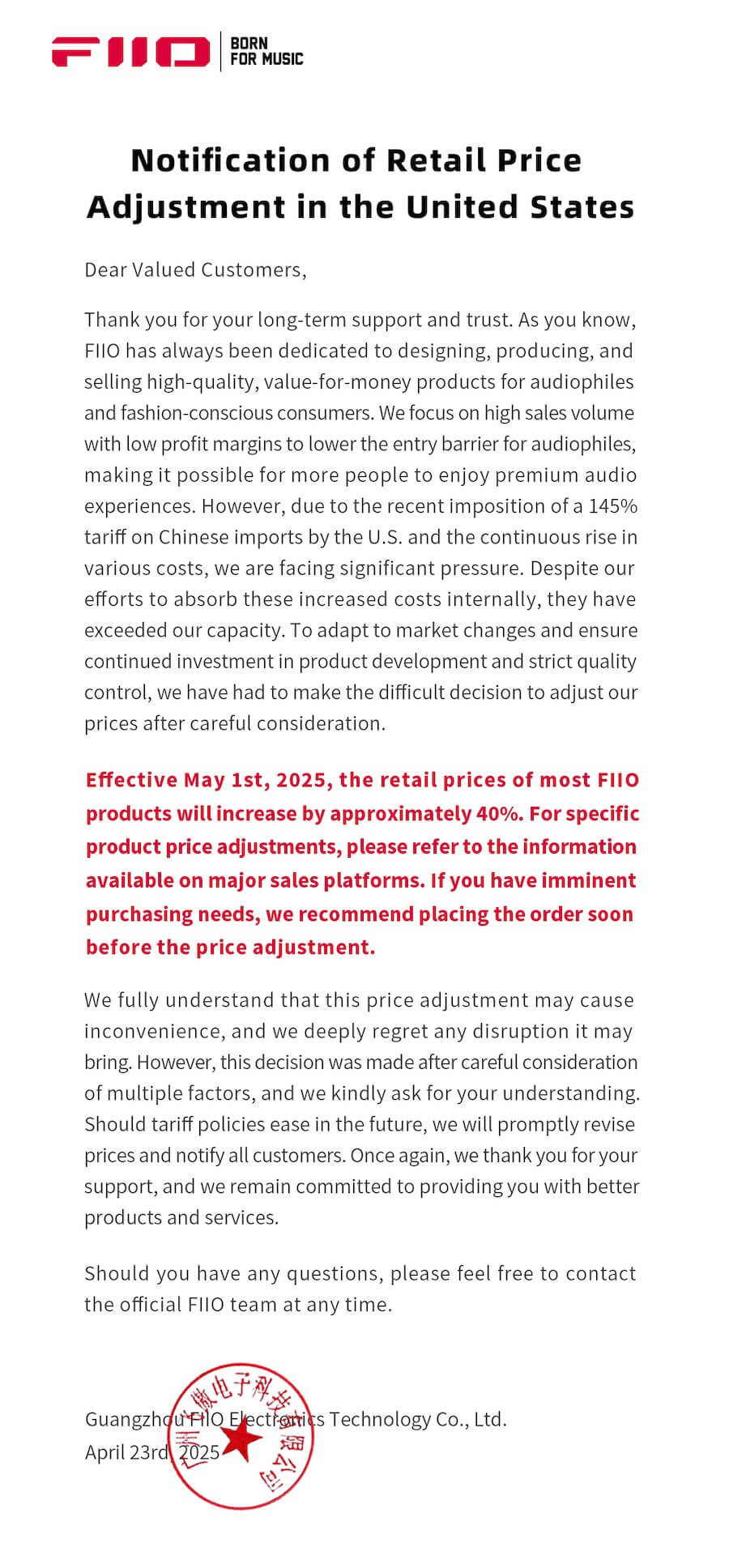 FiiO Price Increase Announcement