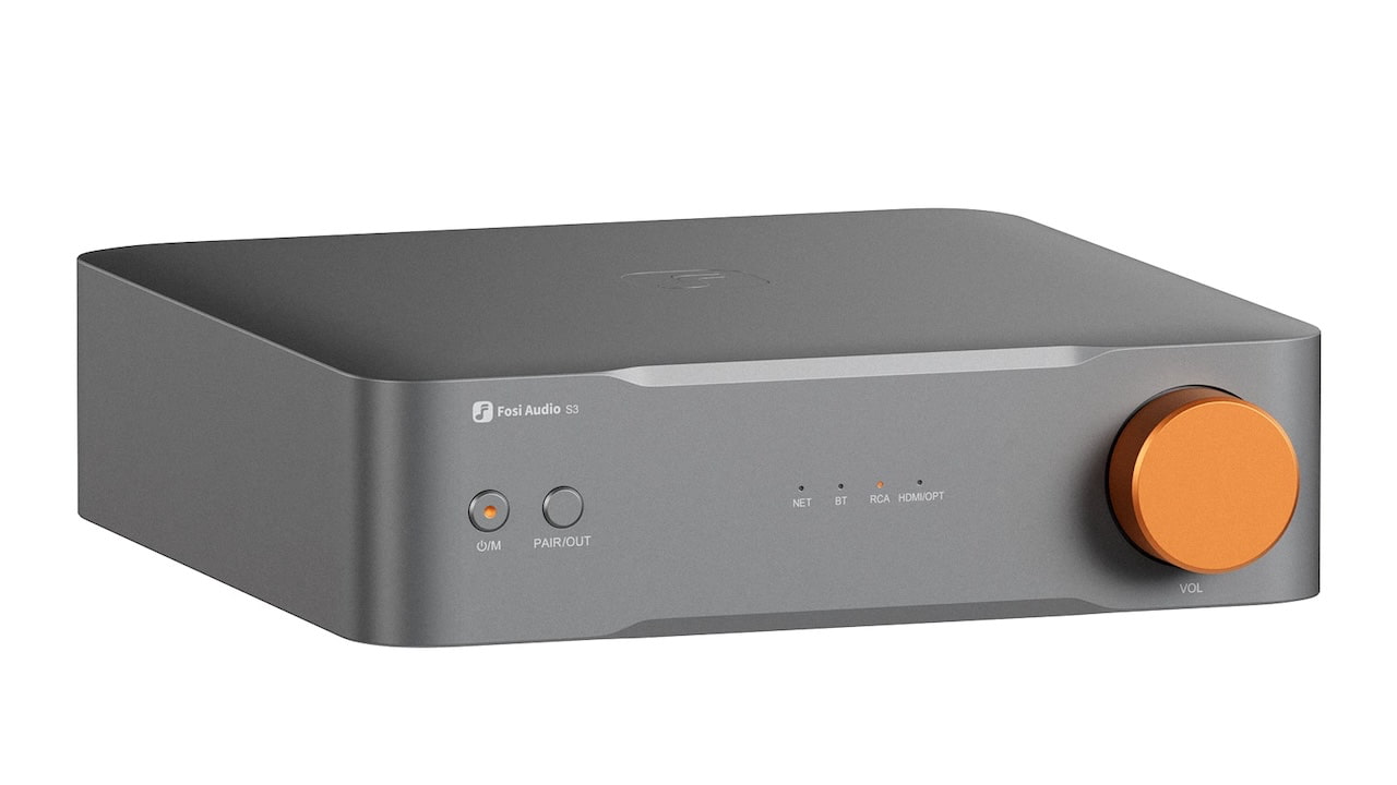 Fosi Audio S3 Music Streamer Front Angle Silver with Orange Knob