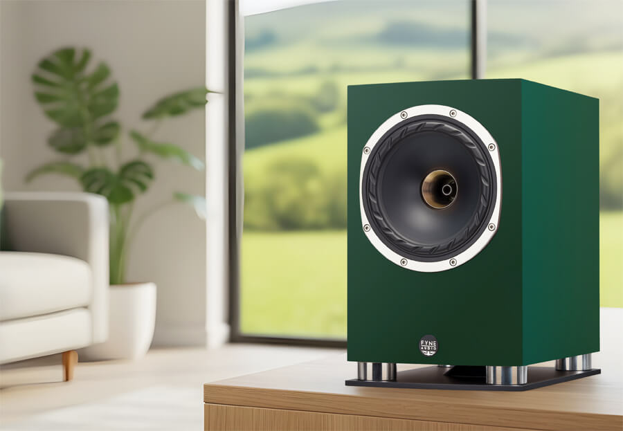 Fyne Audio F500SP Bookshelf Speaker in custom green lifestyle