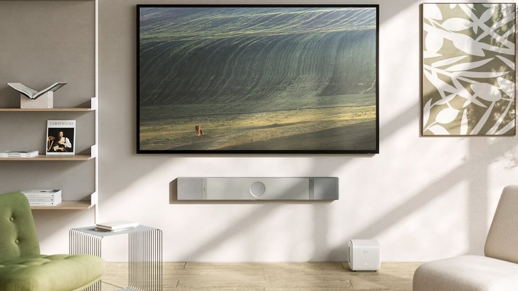 KEF XIO Soundbar in Silver Grey mounted on-wall