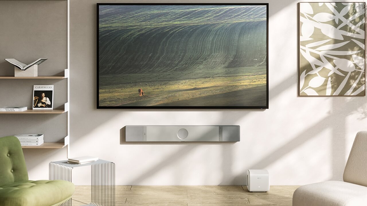 KEF XIO Soundbar in Silver Grey mounted on-wall
