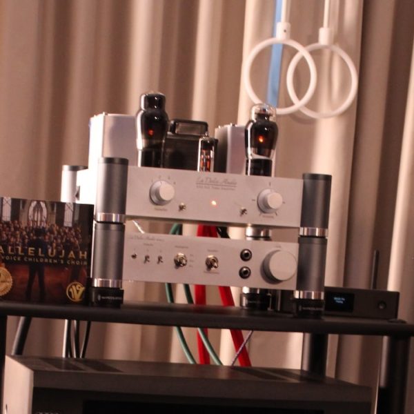 La Dolce Audio UA2.5 Tube Amplifier atop HPA2.3 Headphone Adapter at AXPONA 2026