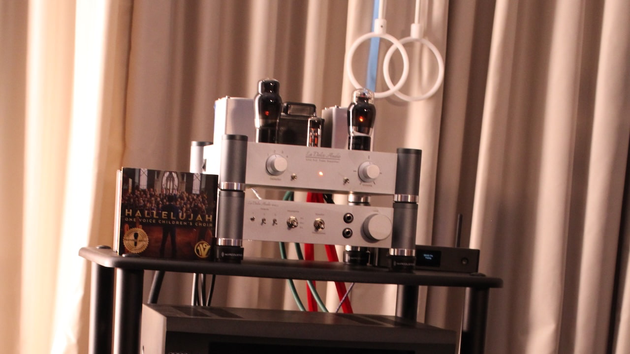 La Dolce Audio UA2.5 Tube Amplifier atop HPA2.3 Headphone Adapter at AXPONA 2026