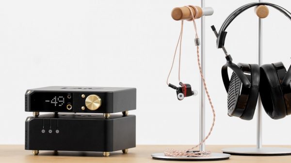 LAiV Crescendo Verse DAC headphone amplifier lifestyle with headphones and IEMs