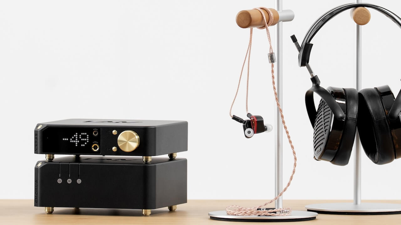 LAiV Crescendo Verse DAC headphone amplifier lifestyle with headphones and IEMs