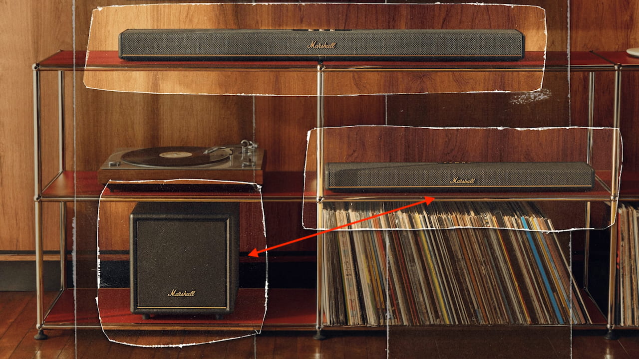 Marshall Heston 60 Soundbar and Sub 200 Subwoofer Lifestyle in Black