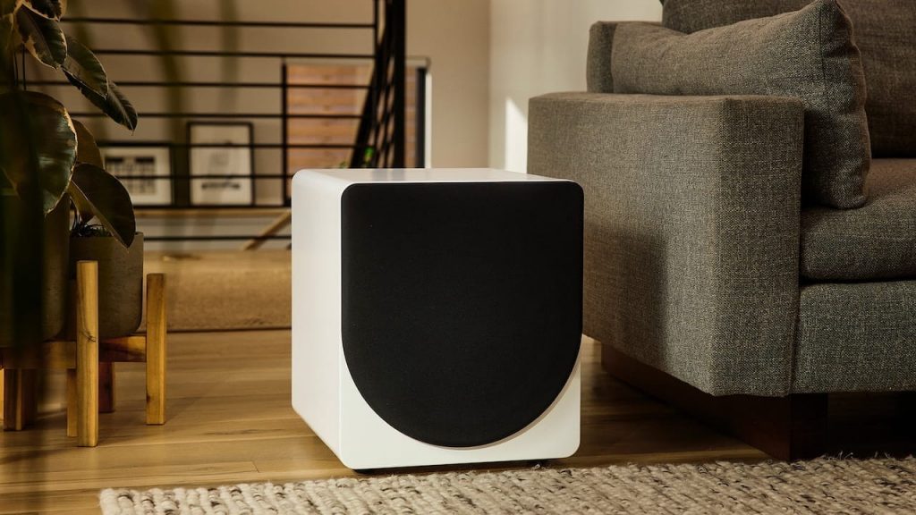 PS Audio Foundry F12 Subwoofer White Lifestyle with grille