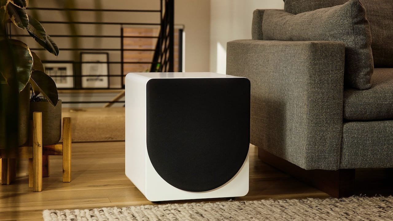 PS Audio Foundry F12 Subwoofer White Lifestyle with grille