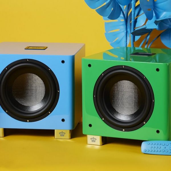 REL T/9x SE subwoofers in French Racing Blue and Green With Envy