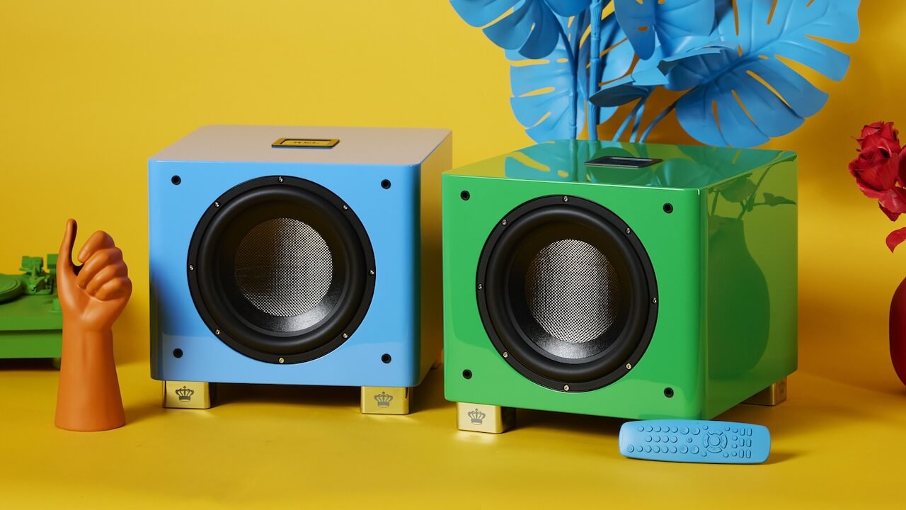 REL T/9x SE subwoofers in French Racing Blue and Green With Envy