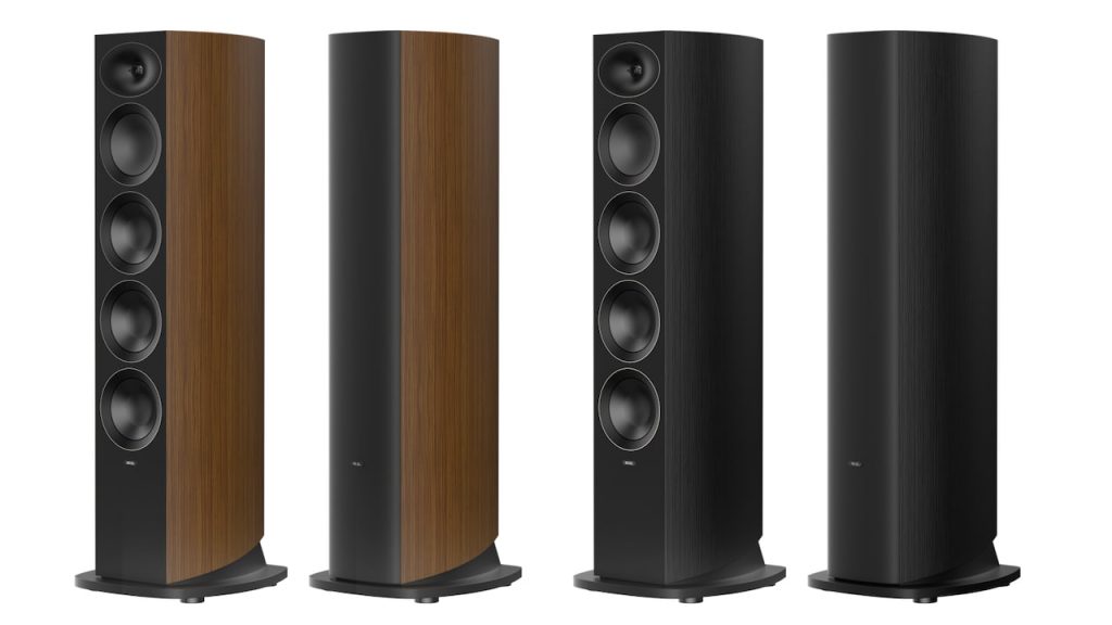 Revel PerForma4 F346 Floorstanding Loudspeaker Grilles On and Off in Natural and Black Walnut