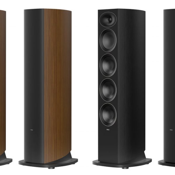 Revel PerForma4 F346 Floorstanding Loudspeaker Grilles On and Off in Natural and Black Walnut